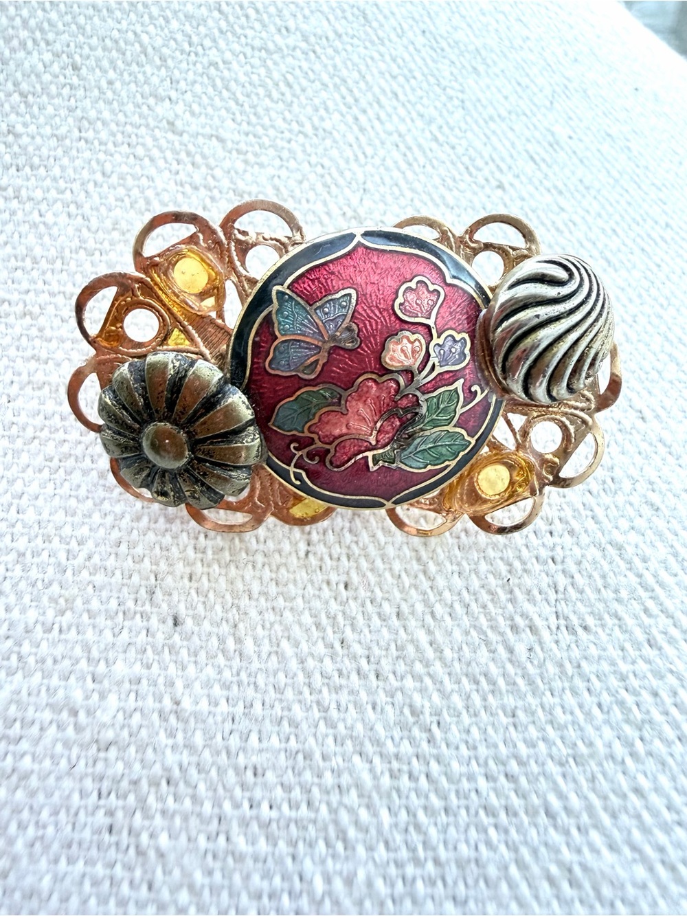 Vintage Cloisonné Red Butterfly Blooming Flower Brooch Pin Woman Jewelry